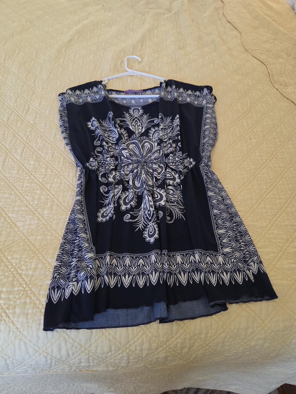 Navy Blue & White Floral Print Girls' Dress